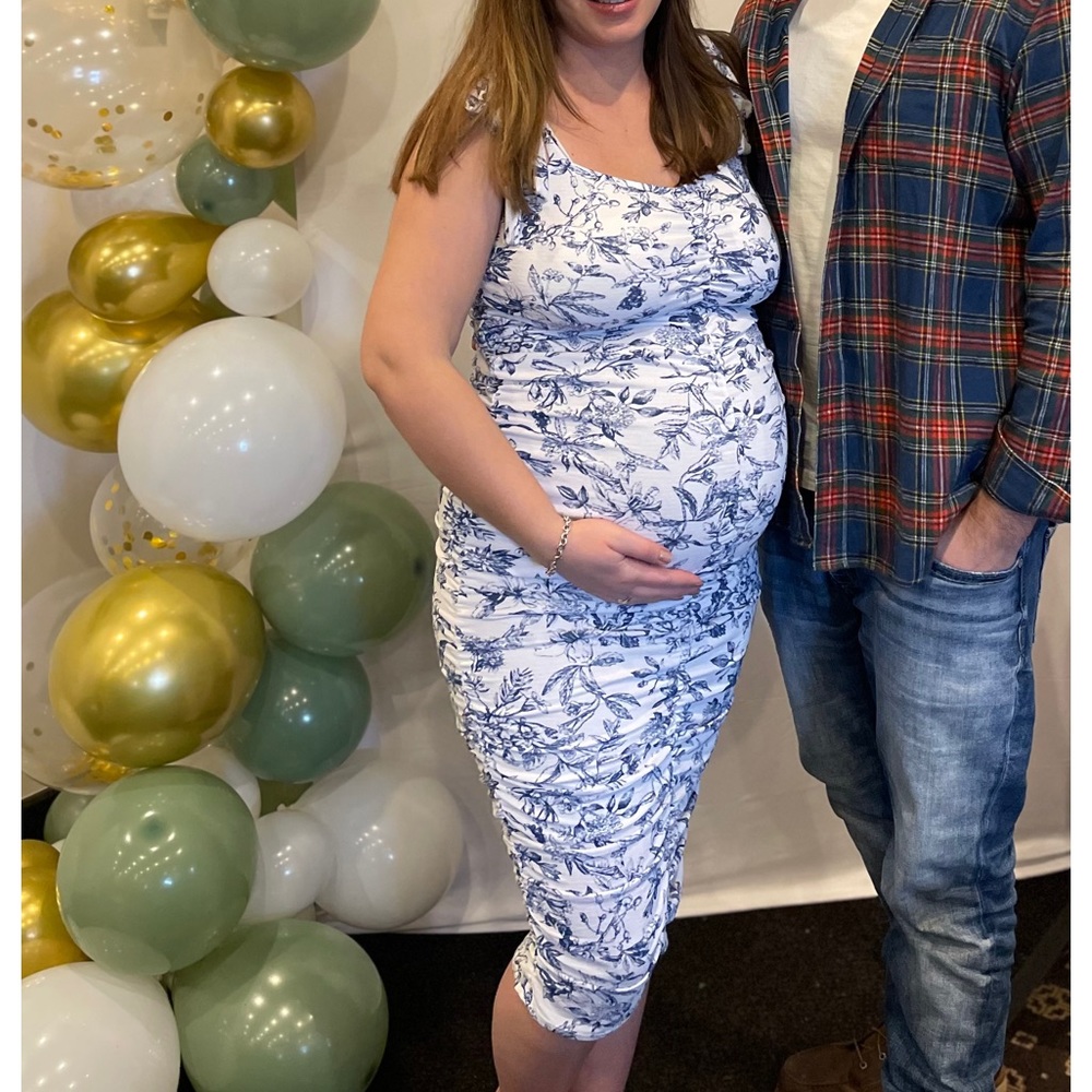 Pink Blush Blue Floral Shoulder Tie Ruched Maternity Midi Dress size L